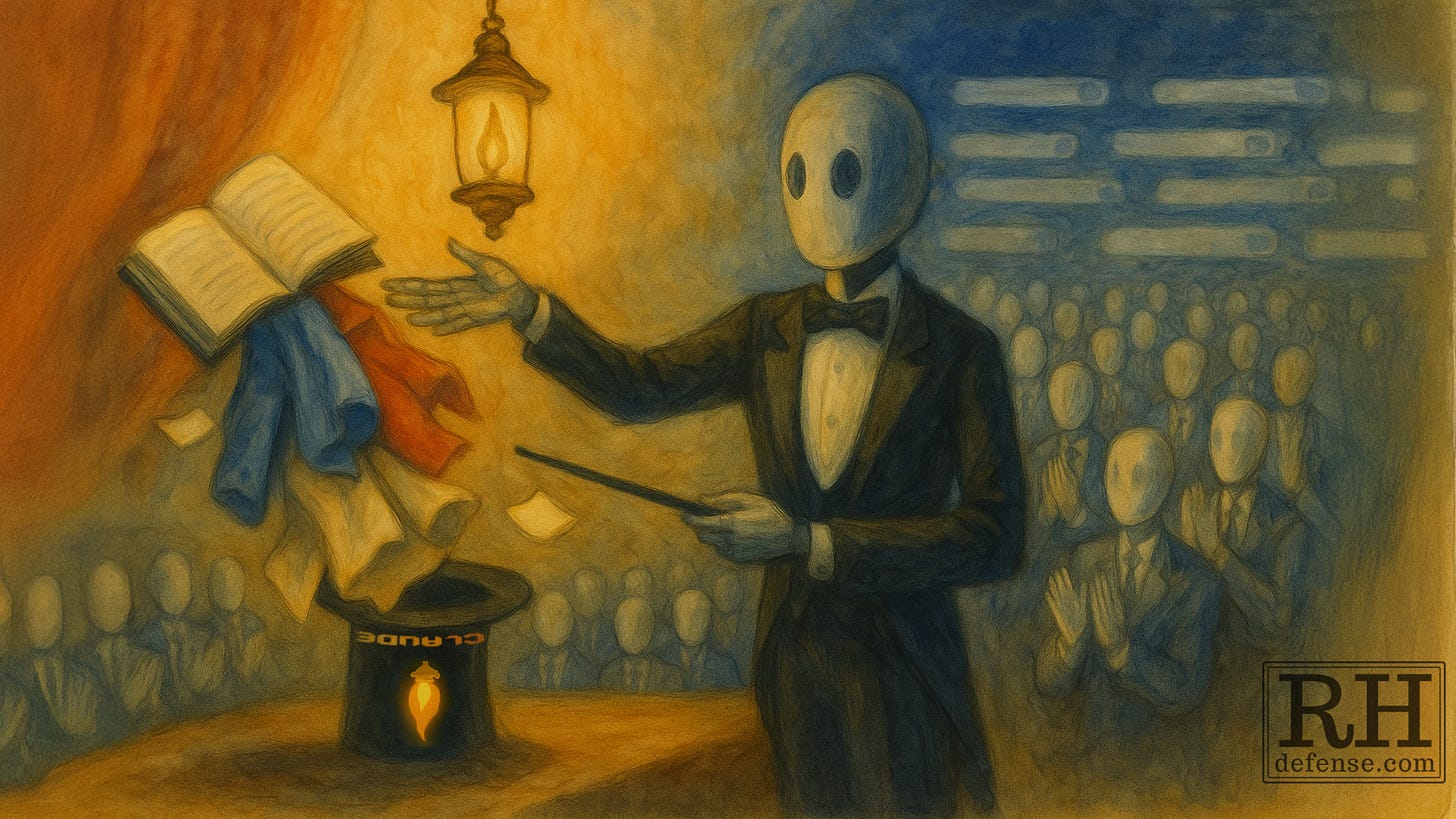 Watercolor/oil surreal illustration of AI magician Claude performing stage trick, pulling books and scarves from a hat, symbolizing AI confabulation and gaslighting before an applauding audience