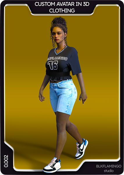 Woman in 3D clothing reads CUSTOM AVATAR 3D CLOTHING text BLKFLAMINGOstudio