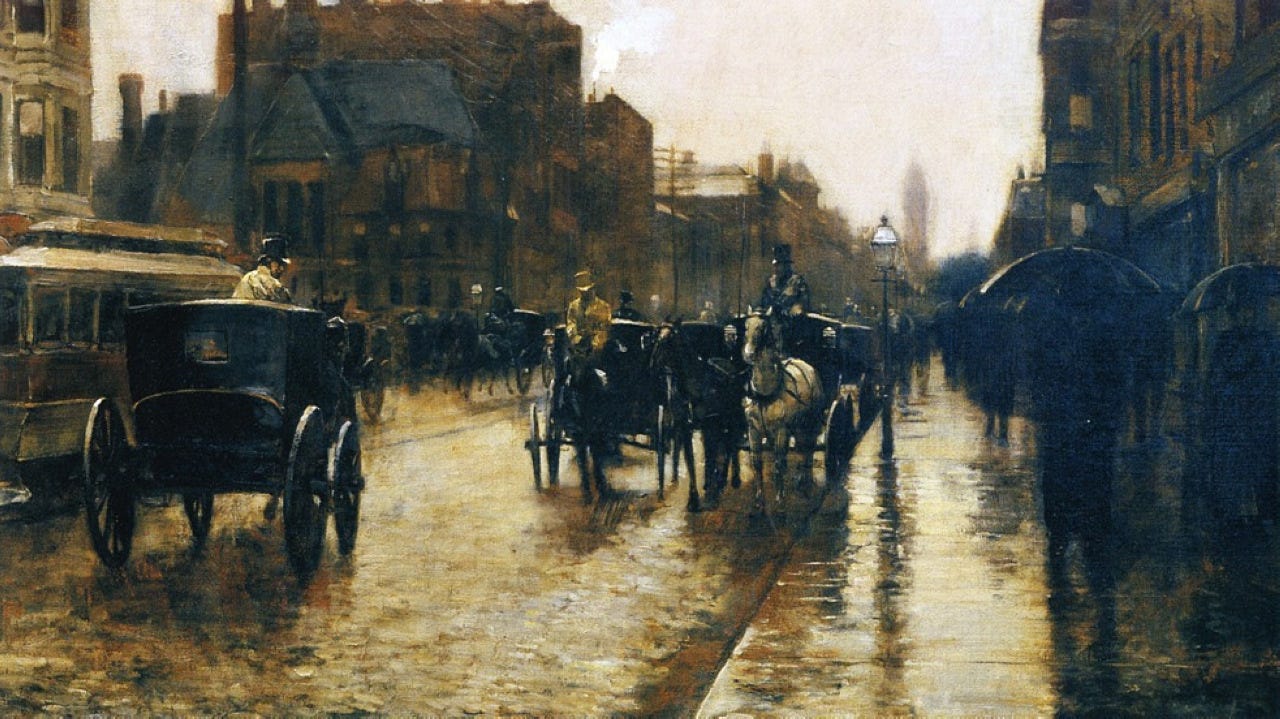 Wet Boston avenue with carriages reflected on asphalt Wet Boston avenue with carriages reflected on asphalt