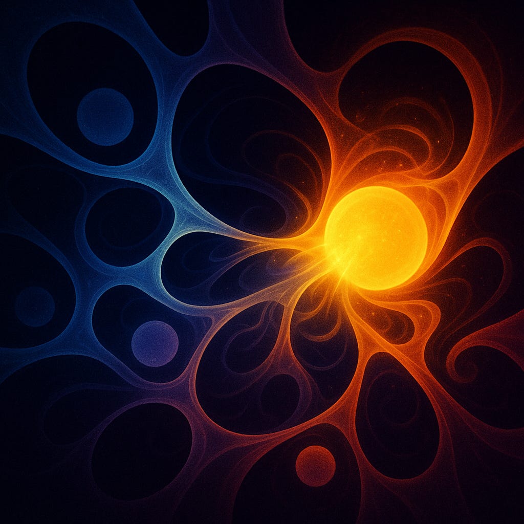 please generate an abstract image concept (no text), inspired by:
"
The materialist understanding of the origins of life is that if you take enough non-living atoms, combine them somehow, then you’ll get a living being.

The same for consciousness: combine enough unconscious cells. . . and then *poof!* — consciousness emerges.

“Emergence” is not really an explanation for anything but rather a label atheists use that is functionally equivalent to brute juju magic. (Of course, the former label sounds more impressive and rigorous than the latter.)

The word “emergent” implicitly takes you on a mental journey where you might imagine individual parts hovering over a vacuum of nothingness, as they clump together, until somehow, something magical sparks from the clump.

When I watch this movie in my mind, I can’t help but to hear an accompaniment of sound effects along the lines of

vwubb vwubb vwubb vzzhhhhhh. . . 

Polemics aside, let’s take the mystery head-on and point out what’s wrong with the emergentist’s parts-to-whole thinking—and really, how the Enlightenment itself has impaired our ability to understand the fundamental nature of reality.

Regardless of one’s philosophical viewpoints, the phenomenon we all need to account for is the fact that the whole can have properties that the individual parts do not (when considering a thing and the parts that make up a thing or many things combining to make a greater, whole thing).

Consider: Water is wet. But hydrogen and oxygen are not “wet”. You might be tempted to say that “wetness” is an emergent property of water. When you have the whole piece of H₂O, the “wetness” seemingly appears, even though the individual atoms don’t have it.

Similarly, but at a greater scale, you can consider the example of a dog. A dog has a certain nature that is typical for “dogness”. It sniffs out food, plays, looks for treats, chases balls, etc. It does what dogs do as opposed to what cats do. . .  since it’s a dog.

But do any of the dog’s individual cells contain this property of “dogness”? Do the cells “know” that they are part of a dog, contributing towards the functions and ultimate ends of dogness?

Seemingly not.

So then, you might wonder, “Why can’t we just say the same thing about consciousness and life? None of the individual parts are alive or conscious, but when we see the whole, we see those properties of life and consciousness.”

Sure, we can say that, but again, we’re not really explaining anything by doing so. And in fact, the word “emerge” makes it sound like the flow of causality moves from the parts to the whole.

An explanation would involve answering what makes the parts unify to produce that property as opposed to some other property.

Or to answer questions like:

What makes the parts unify at all? And what unifies the parts so that they behave as one system rather than many independent objects? That the atoms unify into a single entity rather than a heap?

Why is a dog one thing and not 10¹³  independent particles temporarily cooperating?

From where exactly, and through what mechanism does a new substance emerge?

And what causes the transition at that moment instead of the moment before?

If mere quantity causes emergence, then adding more dead cells should increase life. But instead, it does the opposite: it increases rot.

Fundamentally, what makes a whole a whole, instead of just a heap?

By example, consider: What’s the difference between a pile of heart cells and an actual heart?

A heart is not just muscle tissue. A pile of muscle cells isn’t a heart.

So when we talk about the phenomenon of how parts become a whole, there are only three options:

There is a specific threshold where once you obtain the number of parts, the “whole” just happens.

There is no threshold.

There is a unifying principle of organization that’s already present.

The problem with 1) is that it’s completely arbitrary and unmotivated. Why this number of cells and not one fewer? If nothing about the nature of the parts changes except “more,” then the alleged threshold is just magic: “at N, poof.”

The problem with 2) is that if it were true, nothing could ever “become” anything. We would only see piles of parts, rather than any kind of new “thing”/ whole. If there is no real difference between “heap” and “whole,” then you never truly have a new thing—only different ways of grouping parts. But in experience, we clearly treat hearts, dogs, and persons as real unities, not arbitrary piles.

The correct answer is 3).

Why do the atoms form a cell? It’s not “because enough of them are stacked.”

It’s that the cell has a substantial form that makes them a unified living whole aimed at functions. 

By “form” here, I don’t mean “shape,” but the organizing principle that makes a thing the kind of thing it is and directs it toward certain activities (its telos or built-in goals).

Why do the stones form a cathedral? It’s not “because they are near each other”.

It’s because they are arranged according to a form (plan, blueprint, telos).

The parts don’t self-assemble themselves; they always participate in a higher-order system that provides the organizing principle and gives identity to the parts.

A heart cell is a heart cell (as opposed to an eye cell) specifically because it contributes towards the function of the heart system (form) that it participates in. The part receives its identity from the whole, rather than the whole receiving its identity from the part. 

Pause on that last statement for a second. . . and we’ll come back to it.



Let’s tackle the H₂O-water example again. Note the following crucial observation: 

We cannot produce water by individually adding atoms together one by one.

You can’t just push an oxygen atom into two hydrogen atoms and then *poof* → water.

Instead we rely on pre-existing forms (systems) with chemical bonding dynamics that are already active; in a lab, we use conditions in which the higher-order bonding principles already exist.

When we “create water” we rely on fields, potentials, temperature, pressure, bonding laws—systems that already exceed the atoms themselves. 

You would have to, for example, put hydrogen and oxygen gases at a 2:1 ratio within a single, pressurized container, heat it up to break the H-H and O-O bonds, and generate steam, which could later condense down to liquid water.

The point is that wetness does not “emerge” from stacking atoms like LEGO bricks. It arises when atoms participate in a higher-order bonding form.

So when people say “wetness emerges from H₂O,” the crucial point is: it only does so when those atoms are already caught up in a system of fields, laws, and bonding structures that outrun any single atom. The so-called “emergent property” is really a top-down manifestation or inheritance of that higher-order form, not something being “pushed up” from the bottom parts.

Consider the following children in a bounce house analogy.

Imagine you have:

Two shy kids (hydrogen atoms)

One tall kid (oxygen atom)

You cannot force them to hold hands individually. But if you put them on a bouncy castle (high energy field), they bump together and naturally link arms because the environment gives them rules for interacting. 

Thus:

In the same way that the higher-order bounce house conditions lead to the children holding hands, the higher-order chemical field is what determines the behavior of the atoms, rather than the atoms themselves.

Atoms do not create the laws that govern their unification. They participate in a structure of order that precedes them.

This is true of any part. The parts participate in a structure of order (whole) that precedes them.

You can conceptualize this as a substance of a whole whose attributes or essence get distilled in some way down to the parts. The light of the moon is really a received light from the sun. The components receive their function from the broader system that gave rise to them.

Your intellect (part) is received from and participates in a greater source/field of intellect (whole). Yes, the parts still provide the mechanism for enabling the function of the whole, but it is the Form of the whole that unifies, organizes, and gives identity to the parts.

You can see how the concept of participation connects to knowledge of God in Step 7 of the following post:

So in many respects, we can assert that reality flows top-down—at least as far as meaning and intelligibility are concerned—as opposed to bottoms-up. 

The principle of intelligible forms that both sets the definitional essence of what something is as well as organizes the participating parts into a coherent, goal-based system must necessarily pre-exist any aggregation process of those parts becoming a whole.

Some people will say, “That’s all I mean by ‘emergence’—higher-order patterns and structures.” Fair enough. My point is that, once you admit those real structures, you’re already smuggling in something like form and teleology. You haven’t explained them away; you’ve just renamed them.

I still dislike the word emergence because the metaphor runs in the wrong direction; it suggests something bubbling up out of the parts, like a creature rising from the water, when in reality the parts are receiving their role and identity from the prior order of the whole.



Now, why did I say that “Modernity fooled us” into thinking reality is bottoms-up, parts-to-whole? If you’ve been following my work for a while, you’ve probably heard me critique the Enlightenment on more than one occasion.

What I mean here is that we need to completely reevaluate the core notion of “blank slate” tabula rasa, where you force your mind to approach the world with a simulated imagined state of a blank canvas, and adding one piece at a time, building up your ideas, theories, and knowledge one conceptual block after the other, scrutinizing every individual block that would dare be brought forward to the examination table.

But of course, the issue is that the “examination table” or “canvas” that your blocks sit on is itself a thing with its own features. And it exists in a “room” with its own conditions. And the block that you put on the table didn’t come from nowhere; it was participating in a system (a whole) that you just ripped it from. 

In other words, true isolation of being from other Being is impossible.

And most importantly: there is always a you who is the observer of this alleged “blank slate”.  We should never forget that since you are a person with intellect and will, there is a WHOLE LOT that you bring to the table, and there is absolutely nothing “blank” about it. 

So the idea of blank slate thinking is as ontologically realistic (despite its epistemic benefits) as thinking about a square circle.

Now, don’t get me wrong. . . the bottoms-up reconstruction process of “one part at a time, all else being equal” drives an excellent methodology that enables important empirical discoveries.

But it’s not everything. And it’s not even the most important thing. 

We need metaphysical thinking to ground all of our parts into the ultimate coherent whole. It’s ultimately absurd to study parts without at least some conception of the intelligible whole that anchors them into being.

If I’m being fair, I’ll put it this way. . .parts-to-whole thinking has been tremendously beneficial for sharpening our epistemology while being atrocious in how it has disconnected us from ontology.

If you start with only parts and quantities, you’ll spend the rest of your life trying to explain away the very things that make life worth living—mind, meaning, purpose—as “emergent” quirks of the machine.

But if you start with intelligible wholes, forms, and participation, those same realities stop being embarrassing leftovers and become the main story.

Reality was never bottoms-up LEGO bricks. It was always, first and last, a tapestry of ordered wholes.






"