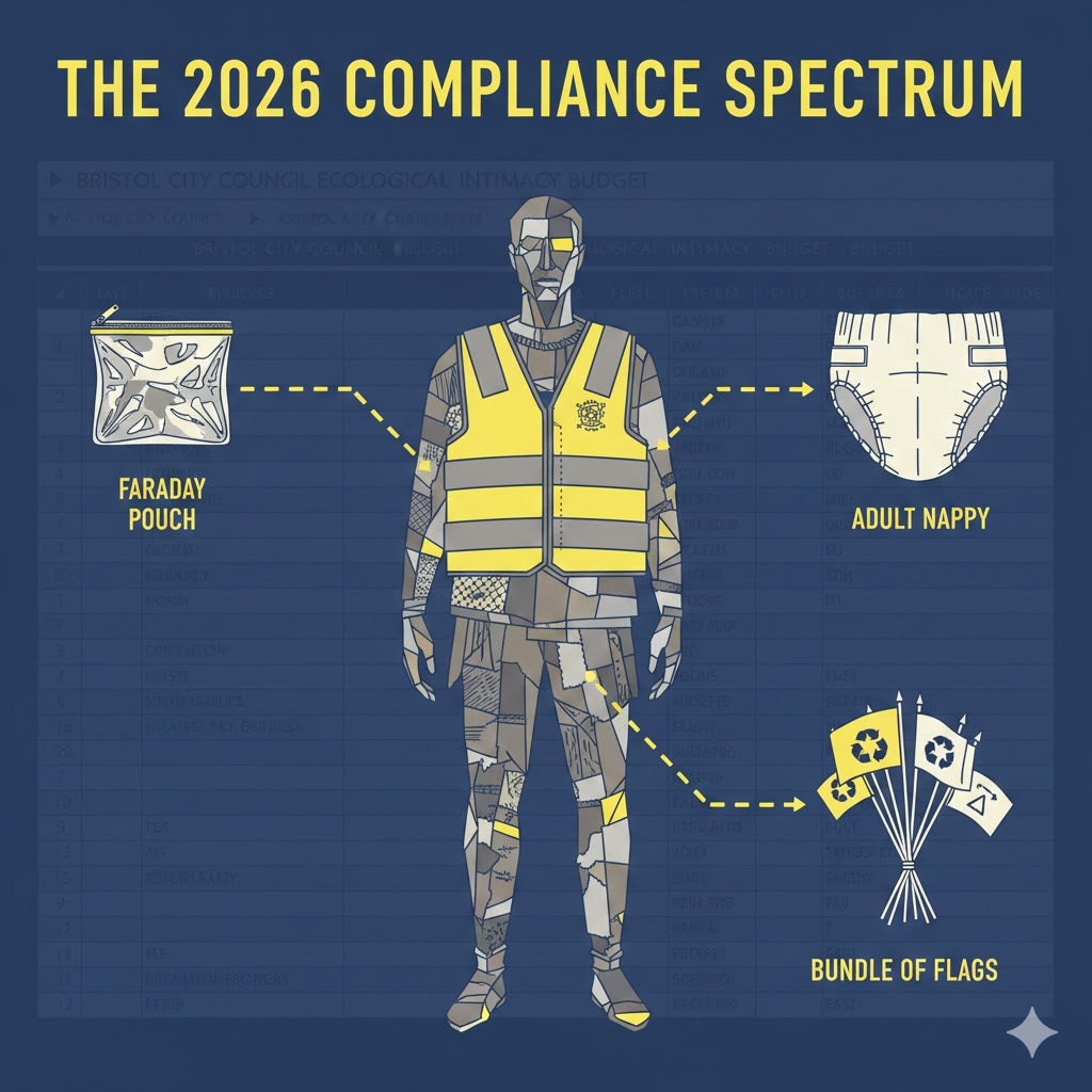 The 2026 Compliance Spectrum": A technical infographic showing a human figure in 'Charity Shop Camouflage' and a high-visibility vest. Call-outs point to essential hardware for a 2026 dissident: a Faraday Pouch, an Adult Nappy, and a Bundle of Flags. https://bit.ly/49pJMtO