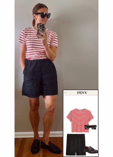 Woman wearing red striped shirt, black shorts, and black loafers styled for casual daily wear. Woman wearing red striped shirt, black shorts, and black loafers styled for casual daily wear.