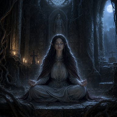Silverleaf meditating in a Barovian Gothic shrine, seated cross‑legged in soft moonlit glow, dark hair falling around her face, elven features serene, roots and stone surrounding her, faint silver light tracing her silhouette