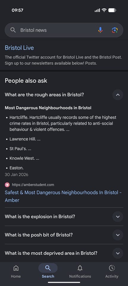 Google People Also Ask panel for Bristol news search showing questions: What are the rough areas in Bristol, What is the explosion in Bristol, What is the posh bit of Bristol, What is the most deprived area in Bristol — screenshot taken May 2026. www.thealmightygob.com