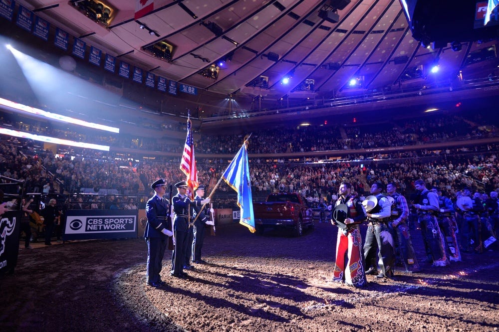Joint Base McGuire - Dix - Lakehurst Air Force Honor Guard performs at Professional Bull Rider's Association at Madison Square Garden
