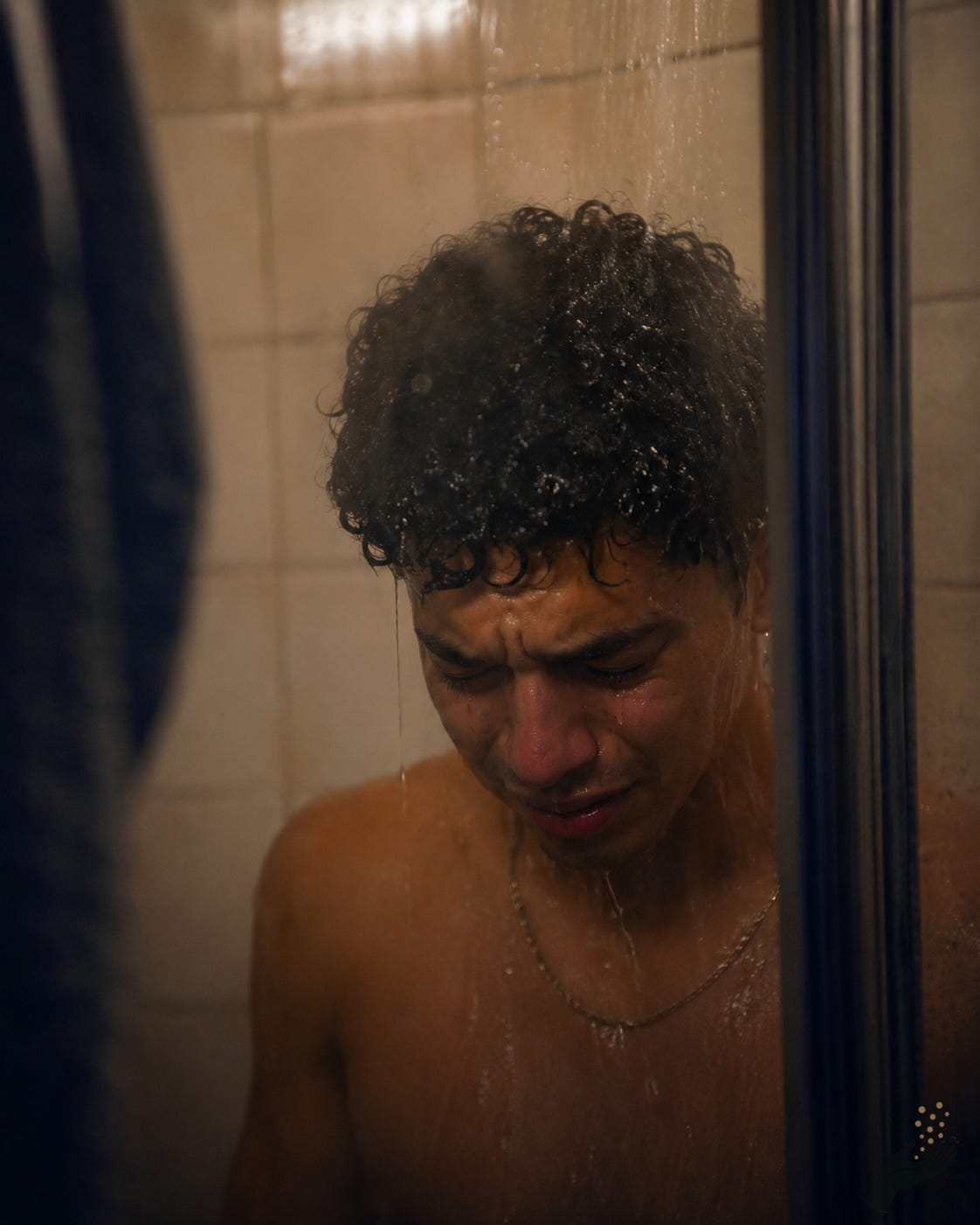 A young man stands in a modest shower with his head bowed as water runs over his hair, face, and shoulders. His expression shows he is crying, while steam, wet tile, and the shower frame create an intimate bathroom scene.