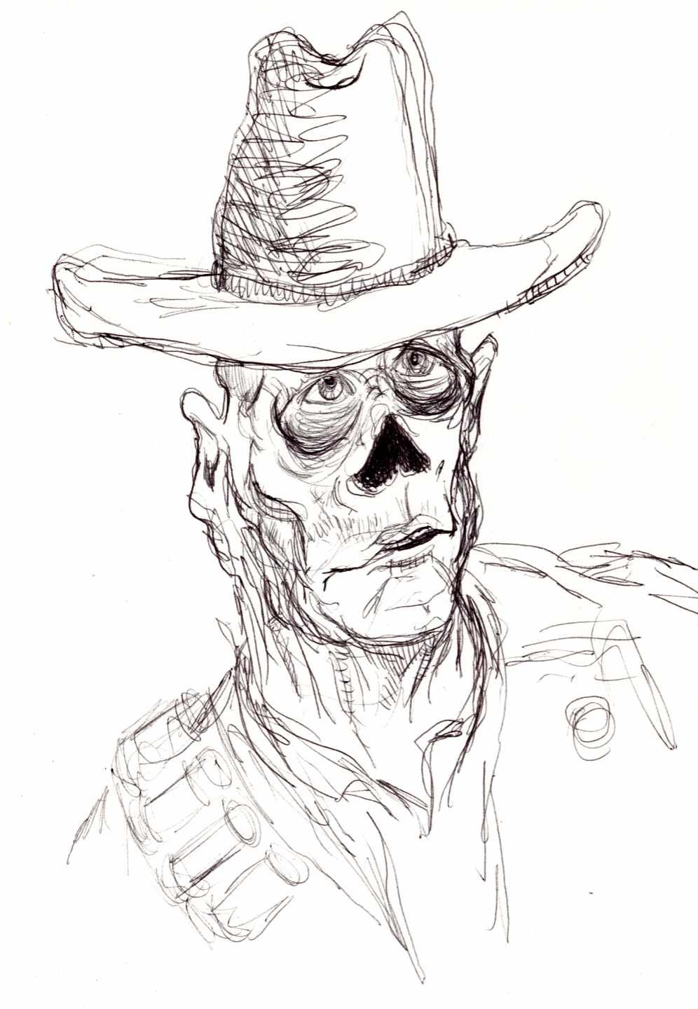 Ballpoint sketch of Walton Goggins as The Ghoul from the show Fallout.