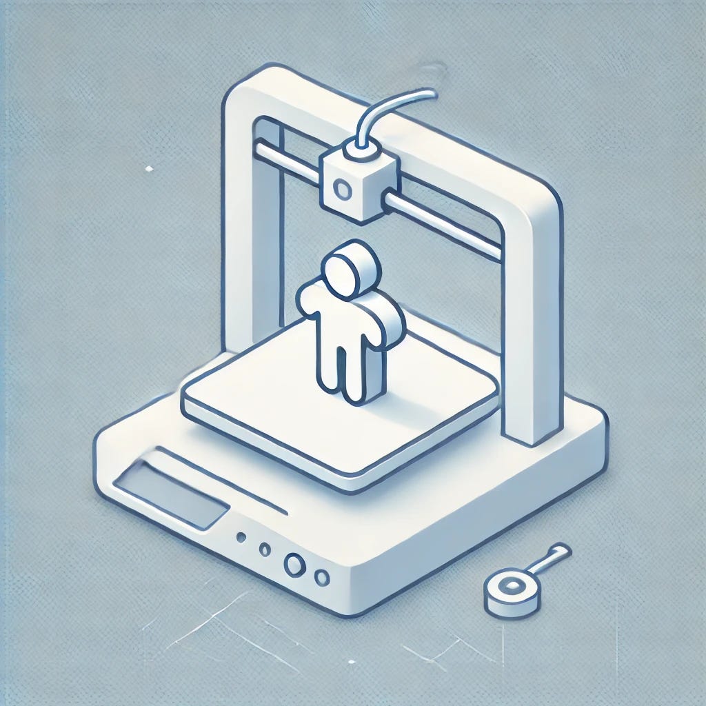 A clean and minimalistic vector graphic showing the concept of 3D printing. A 3D printer is creating a small action figure with smooth, simple lines. The design is modern, using soft blues, whites, and greys, with a professional yet approachable look. The action figure is generic, with no specific references to copyrighted materials, and a small tool or object sits next to it to hint at customization. The overall style is clear and not busy, focused on the technology and process of 3D printing.