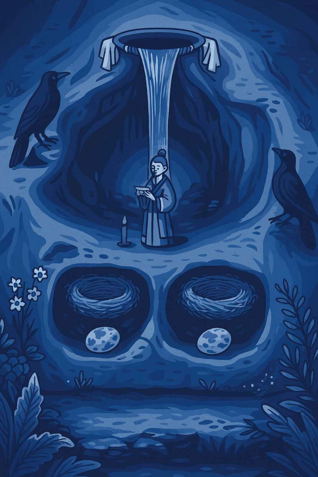 Image generated by gpt-image-1 called by ChatGPT 5 Thinking. Prompt:Rework this image in the detailed aesthetic of a cartoon: soft cel-shaded colors and crisp lines. Use this color palette: deep blue, light blue, azure, pastel blue, indigo. Without adding any elements or changing anything about the scene’s content, rework it in the style of Rembrandt.