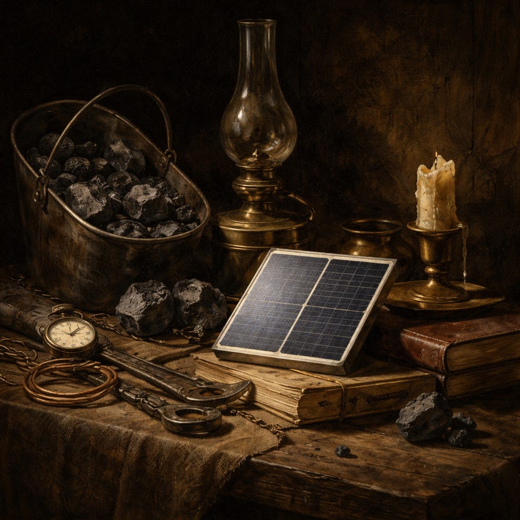 A dark, old-master-style still life shows a small modern solar panel resting among older energy artifacts: a coal scuttle filled with black coal, a brass oil lamp, a melting candle, a pocket watch, old books, copper wire, and iron tools. Warm light falls most strongly on the solar panel, setting it apart from the surrounding browns, blacks, and tarnished metal, and quietly suggesting a transition from older fuel sources to a newer one.