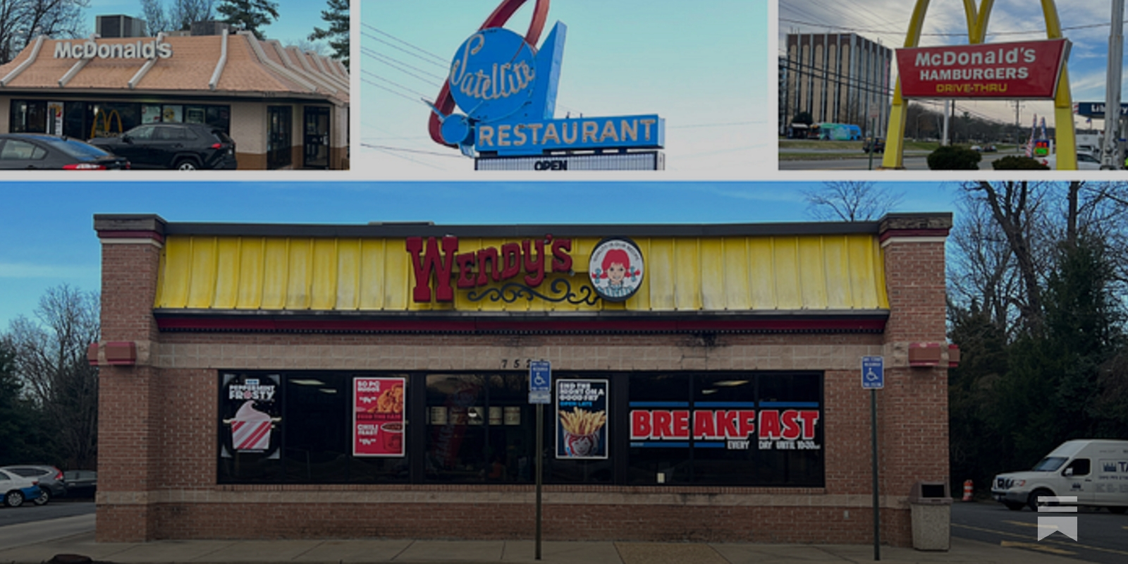 Old-school McDonald's, Wendy's, Taco Bell, plus Big Tobacco (well, letters  that is), and a sign that belongs on 'The Jetsons'