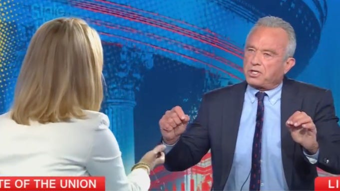 Robert F. Kennedy Jr. gestures with both hands raised while speaking to Dana Bash on the State of the Union set Robert F. Kennedy Jr. gestures with both hands raised while speaking to Dana Bash on the State of the Union set