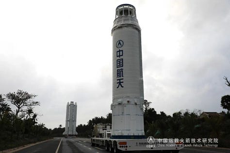 The Long March 8A Y6 vehicle's first and second stages heading to the launch pad at the Wenchang Commercial Space Launch Site.