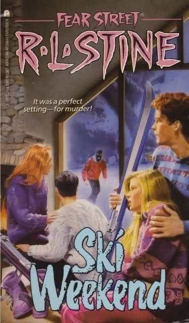 This may contain: the poster for ski weekend is shown in front of a man and woman sitting on a window sill