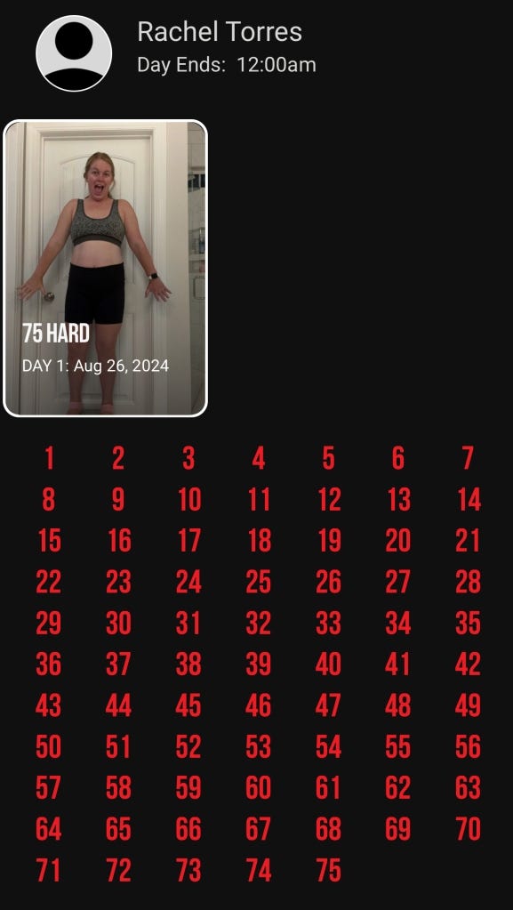 Screenshot of calendar from 75 Hard app