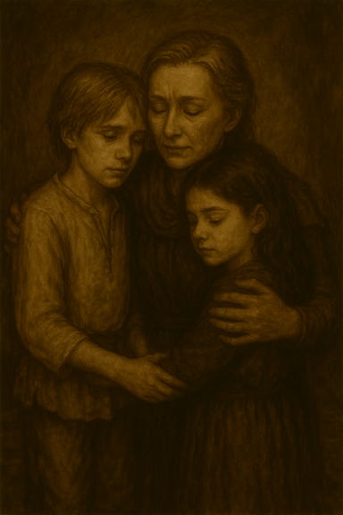 A dark fantasy image of Ilya Krezkov, visually reminiscent of Maxwell Jenkins, hugging Anna Krezkov, visually reminiscent of Leslie Manville, and Kala, visually reminiscent of Brooklyn Prince. Ilya is a pale, fragile-looking boy with storm-gray eyes and tousled light brown hair, dressed in simple Barovian clothes. He embraces Anna, a weary but loving woman with silver-streaked hair in a braid and a lined, gentle face, wearing a modest shawl and long dress. Kala, a small girl with expressive eyes and dark curls, clings to Ilya’s side, her face buried in his tunic. They stand in a candlelit cottage with wooden beams and stone walls, the light casting warm shadows. The atmosphere is tender, sorrowful, and intimate.
