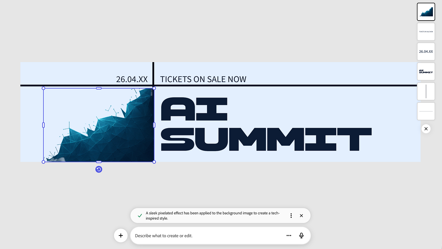 Adobe Express AI Assistant in action - after requesting a tech-inspired color palette, the assistant confirms the changes and applies them to the design Adobe Express AI Assistant in action - after requesting a tech-inspired color palette, the assistant confirms the changes and applies them to the design