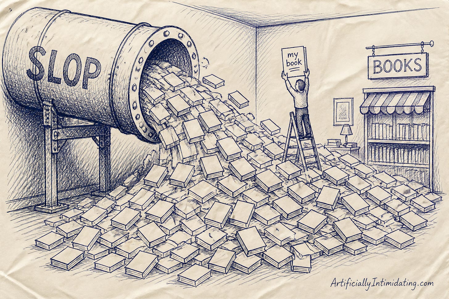 Editorial cartoon: an industrial pipe labeled SLOP floods a small bookstore with identical books while one author holds a manuscript above the tide