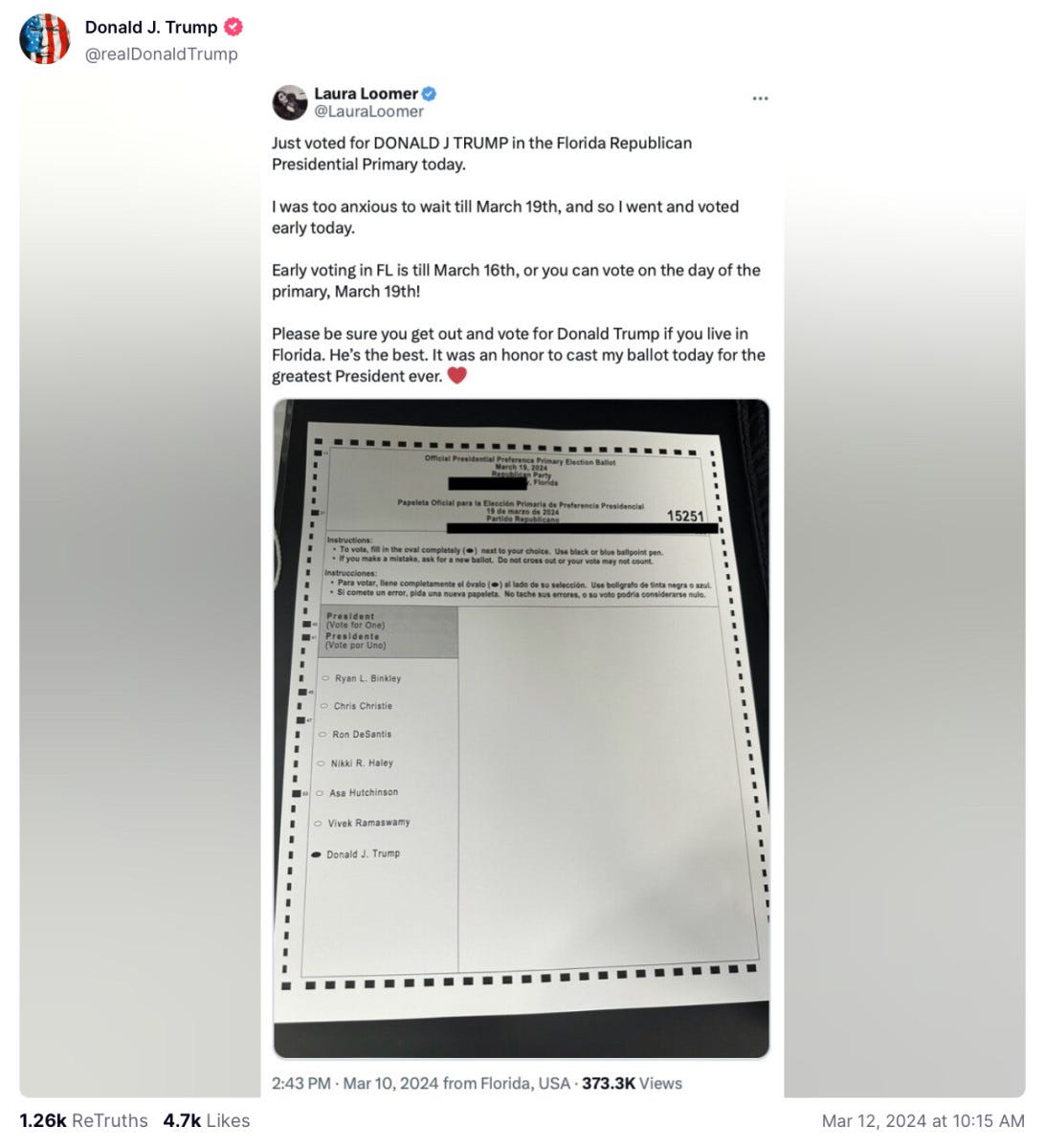 Trump shared Loomer’s tweet about voting for him