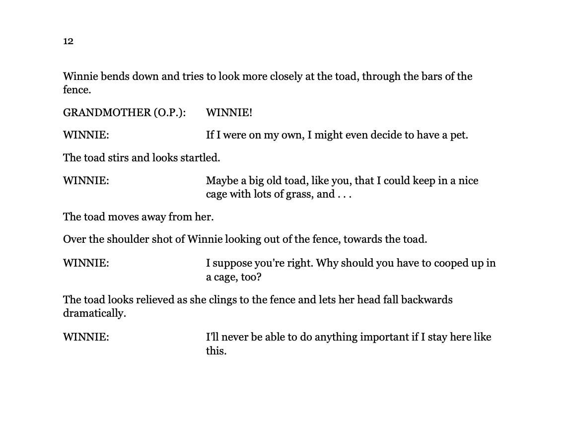 A page from the script of K. Woodman-Maynard’s graphic novel adaptation of Tuck Everlasting.