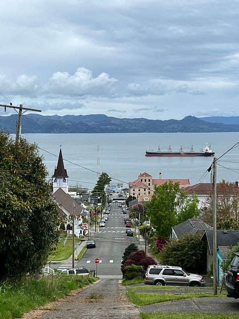1. Tugboat going under a bridge at sunset. 2. Freighter on the Columbia River. 3. Astoria-Megler Bridger in sunrise. 4. Ships on the Columbia River with pilings. 5. Binoculars. 6. Big ship on the Columbia River. 7. View of the Columbia and Pacific Ocean from the Astoria Column. 8. Photo of Rose smiling from the Astoria Column. 9. View of downtown Astoria and the Columbia River