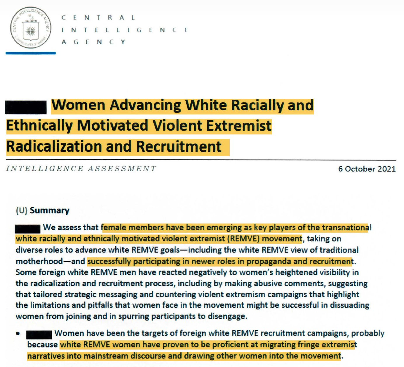 CIA document summary page - key assessment text