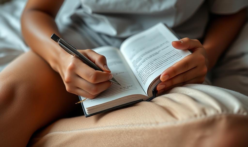 close up of a person sitting on their bed, writing in a journal