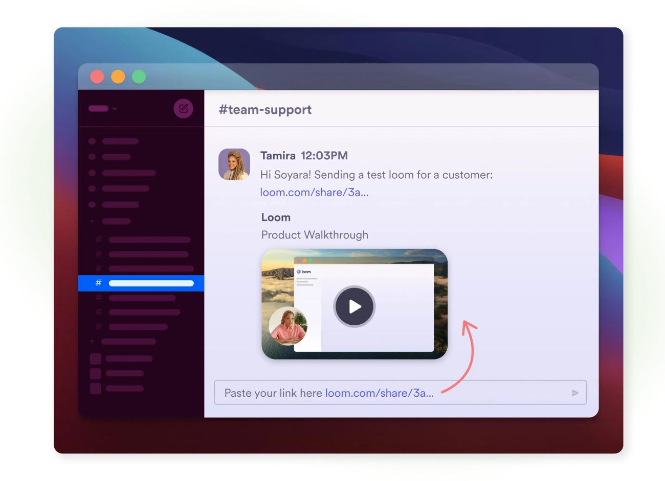 於團隊溝通協作工具中 Loom 影片連結的分享示意 於團隊溝通協作工具中 Loom 影片連結的分享示意