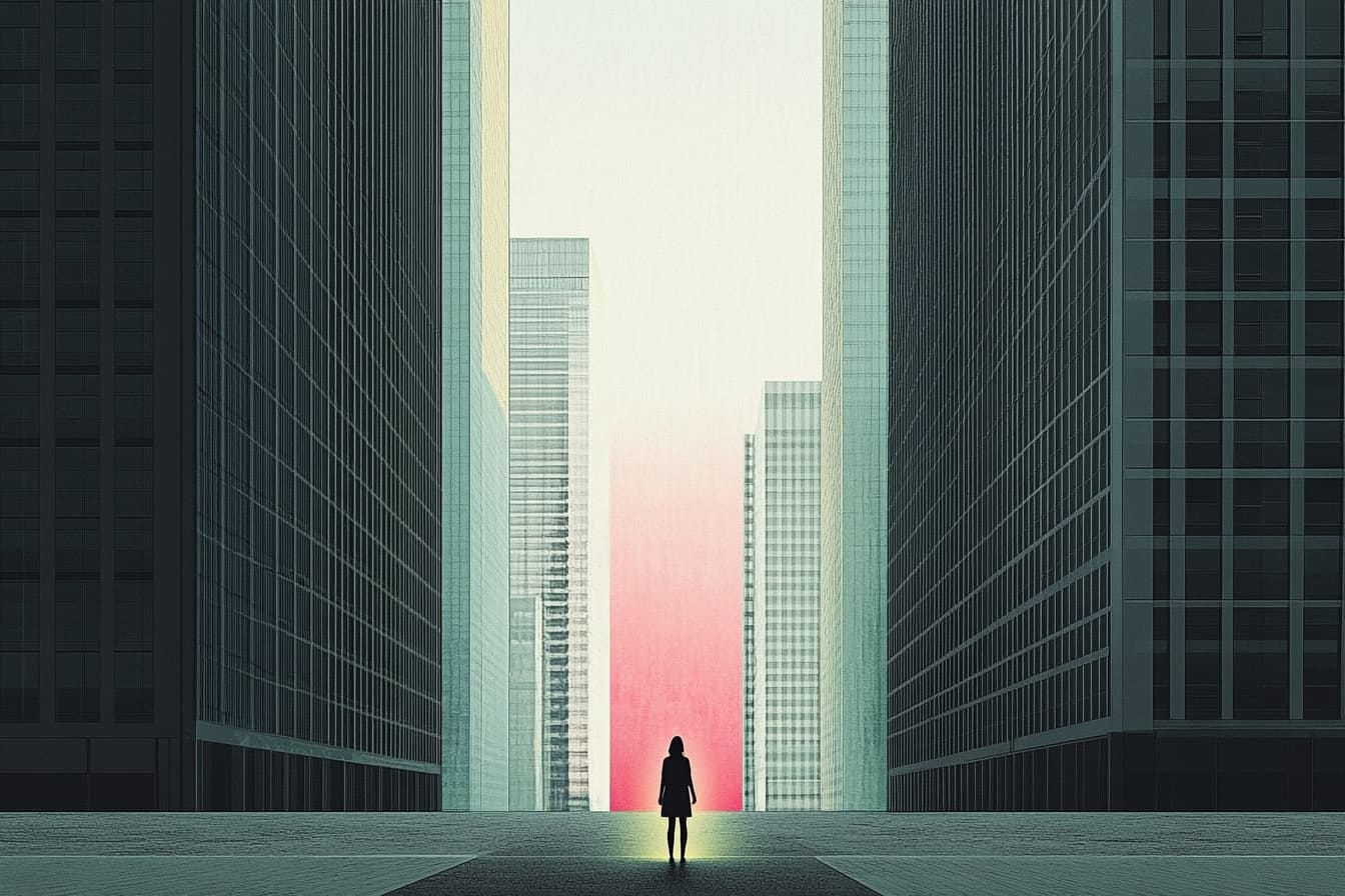Silhouette of a woman standing on a road between towering buildings