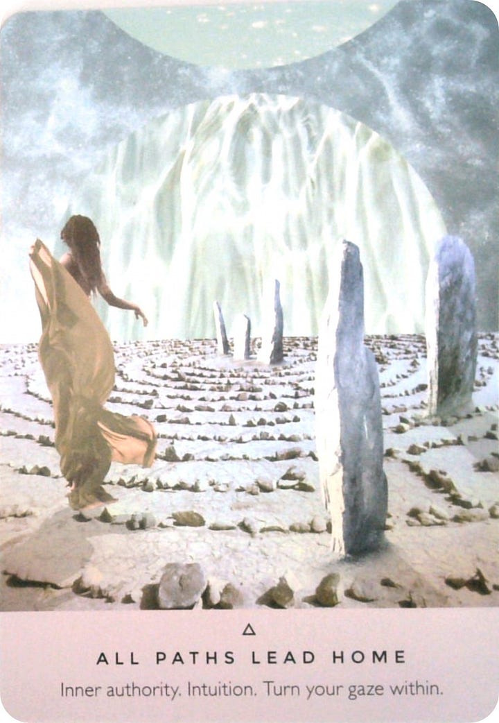 The 8 of Wands tarot card and the All Paths Lead Home oracle card.