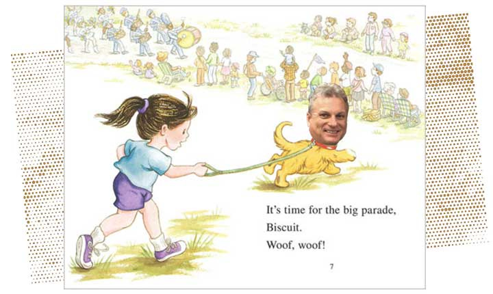 A page from the children's book Biscuit, where the puppy is chasing after a parade.
