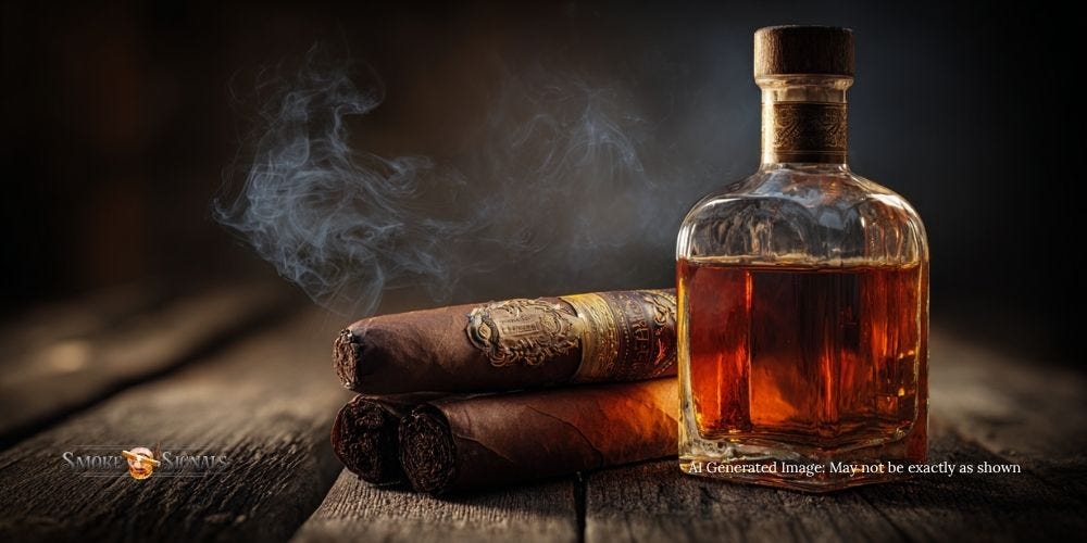 Close-up of a cigar wrapper with whiskey bottle in the background and gentle smoke rising, showcasing the rich amber color of the whiskey and the textured cigar wrapper. Close-up of a cigar wrapper with whiskey bottle in the background and gentle smoke rising, showcasing the rich amber color of the whiskey and the textured cigar wrapper.