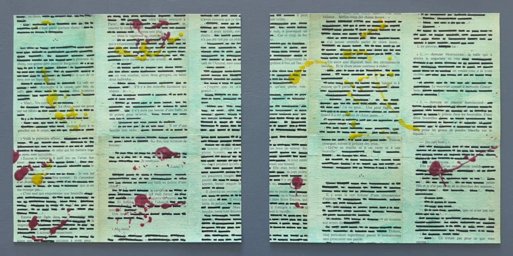 An abstract artwork featuring printed text on pale green paper, overlaid with blacked-out sections and splashes of pink and yellow paint.
