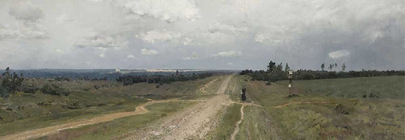 Painting of a dirt road in the steppe leading off into the distance