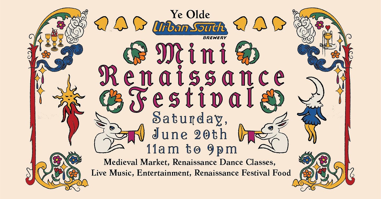 May be an image of text that says 'Ye Olde LirbanSoith Soith แารงอก BREWERY ဘာာ Mini Renaissance Orestival Satunday, June 20th 11am ቴ 9pm Medieval Market, Renaissance Dance Classes, Live Music, Entertainment, Renaissance Festival Food'