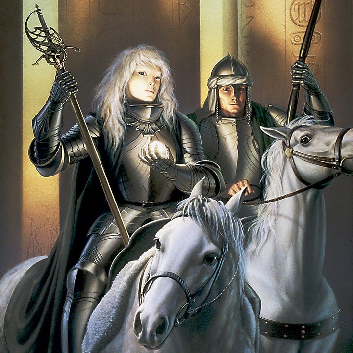 LEFT: Figure detail from EXILE'S GATE featuring white-haired Morgaine in plate armor cupping a glowing orb in one gauntleted hand. Her position is prominent to her companion who is also mounted on a white horse. The orb bathes her face is in light, casts shadows past the figures onto the pillars behind them. RIGHT: Background detail of pillars covered in hieroglyphs. Among them is the artist sigil, the stylized letters M and W combined within a circle.