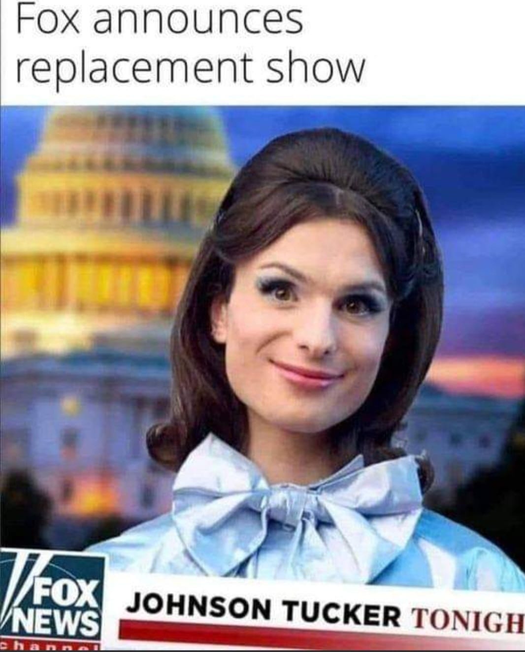 May be an image of 1 person, the Oval Office and text that says 'Fox announces replacement show FOX NEWS JOHNSON TUCKER TONIGH'
