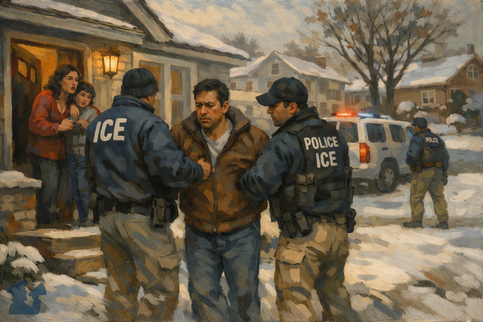 Illustration of a father being torn from his family by ICE agents