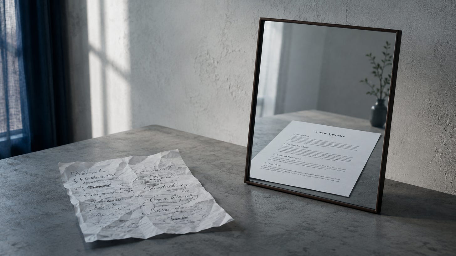 O foaie mototolită cu notițe dezordonate este reflectată într-o oglindă ca un document curat și bine structurat, sugerând felul în care inteligența artificială poate face o idee să pară mai coerentă decât este.