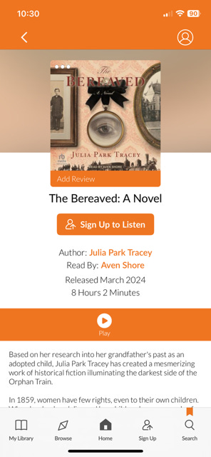 Three images of the audio book cover for The Bereaved by Julia Park Tracey