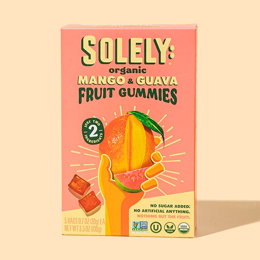 Solely's organic mango fruit jerky and organic mango and guava gummies. Available in Purple Carrot's Grocery.