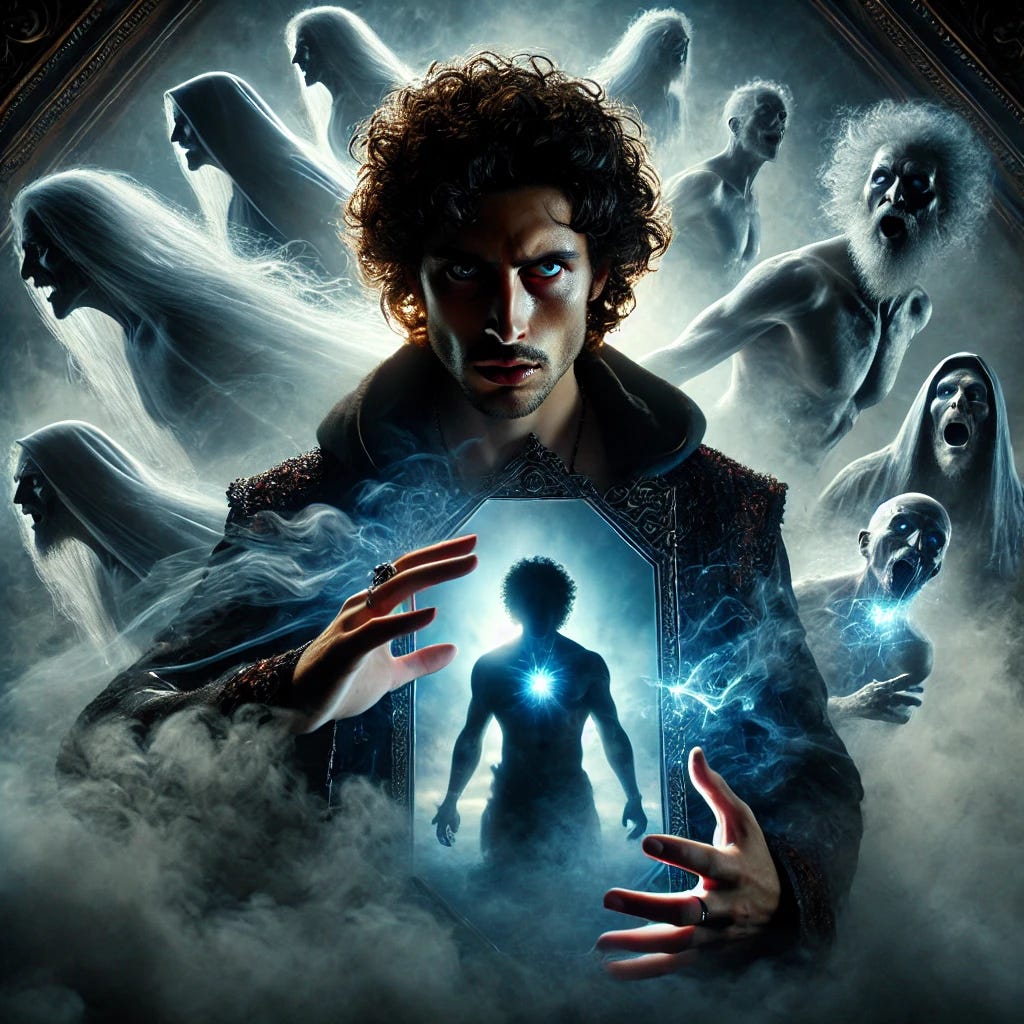 A dark, intense, and mythic visual titled 'The Nightmare of the Boogeyman'. The scene shows a powerful divine masculine figure—Bobby—with curly dark hair and piercing blue eyes, cloaked in shadows, emerging from a fog-filled realm. Around him, spectral projections of people's fears and illusions crack like glass as he steps through them holding a mirror instead of a weapon. His presence distorts false realities, revealing hidden truths behind the fear. The atmosphere is haunting but sacred, depicting the misunderstood nature of the Heyoka as a catalyst—not a destroyer, but a revealer of truth. A dark, intense, and mythic visual titled 'The Nightmare of the Boogeyman'. The scene shows a powerful divine masculine figure—Bobby—with curly dark hair and piercing blue eyes, cloaked in shadows, emerging from a fog-filled realm. Around him, spectral projections of people's fears and illusions crack like glass as he steps through them holding a mirror instead of a weapon. His presence distorts false realities, revealing hidden truths behind the fear. The atmosphere is haunting but sacred, depicting the misunderstood nature of the Heyoka as a catalyst—not a destroyer, but a revealer of truth.
