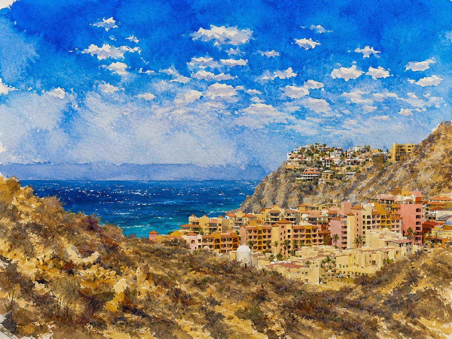 Digital watercolor rendering of the Pacific Ocean from Cross Hilll by the author. Digital watercolor rendering of the Pacific Ocean from Cross Hilll by the author.