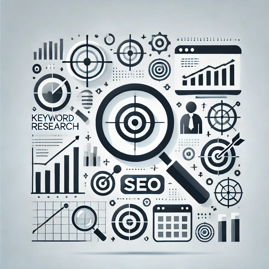 A clean, modern graphic with only minimalist icons related to keyword research, such as magnifying glasses, graphs, targets, and search symbols. No text or numbers should be included. The design should be sleek, professional, and visually appealing, suitable for a digital marketing or SEO theme.