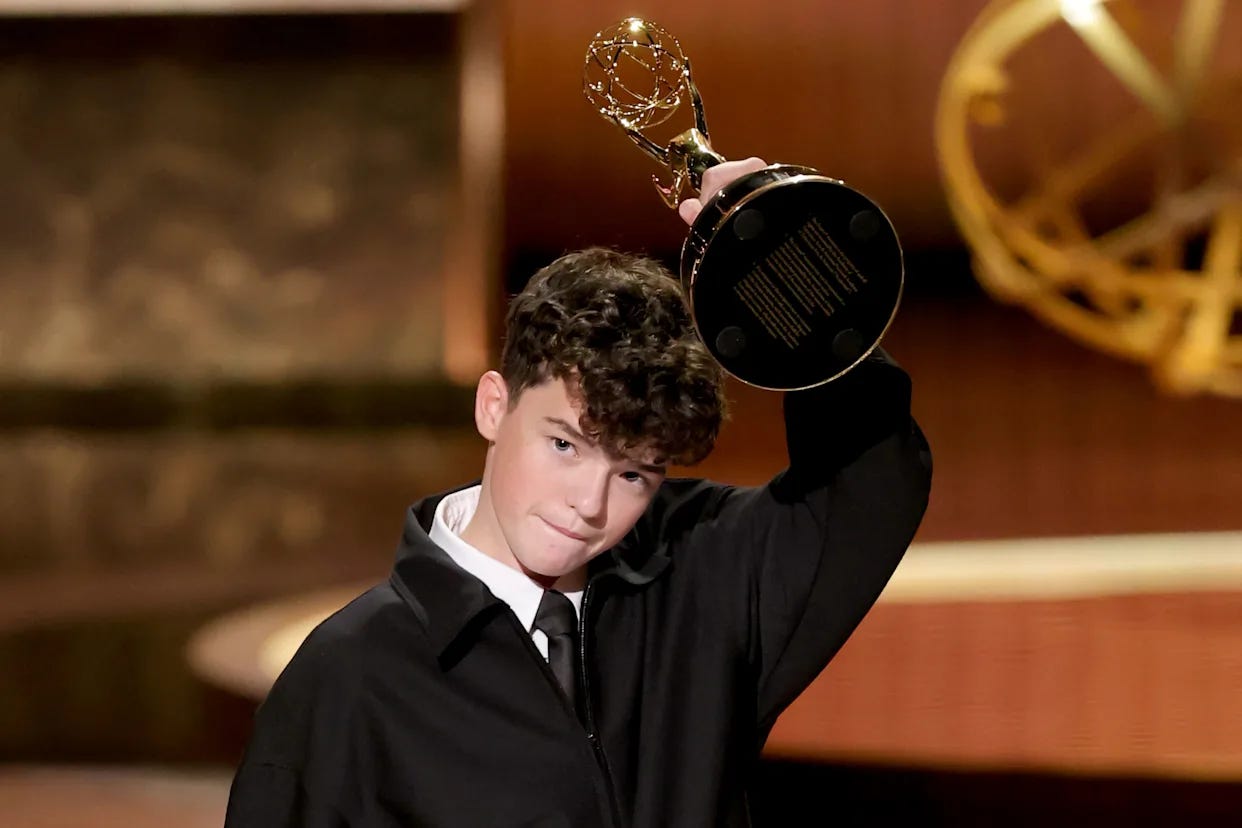 The fresh-faced Owen Cooper raises his trophy above his head. The fresh-faced Owen Cooper raises his trophy above his head.