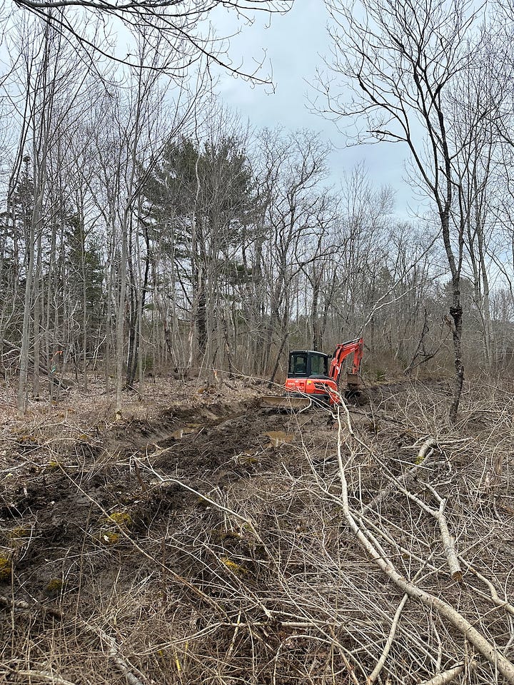 Progress on neighbor's brush pile, digging ditch, and the final product.