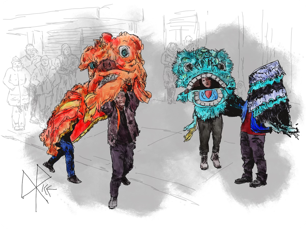 Four people performing as two dancing Chinese lions on Chinese New Year. The orange lion leaps gracefully while the blue one is sort of tangled around the rear dancer. Sketch art by Don Rice.