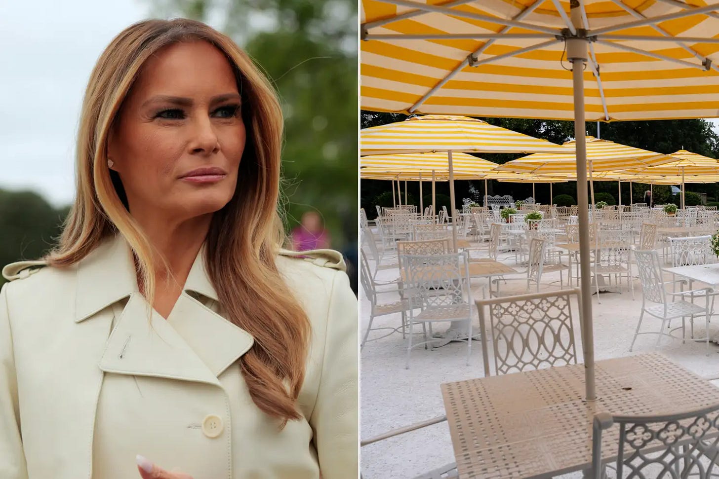First lady Melania Trump looks on as U.S. President Donald Trump greets guests durning the White House Egg Roll, Tables and chairs in the recently renovated Rose Garden