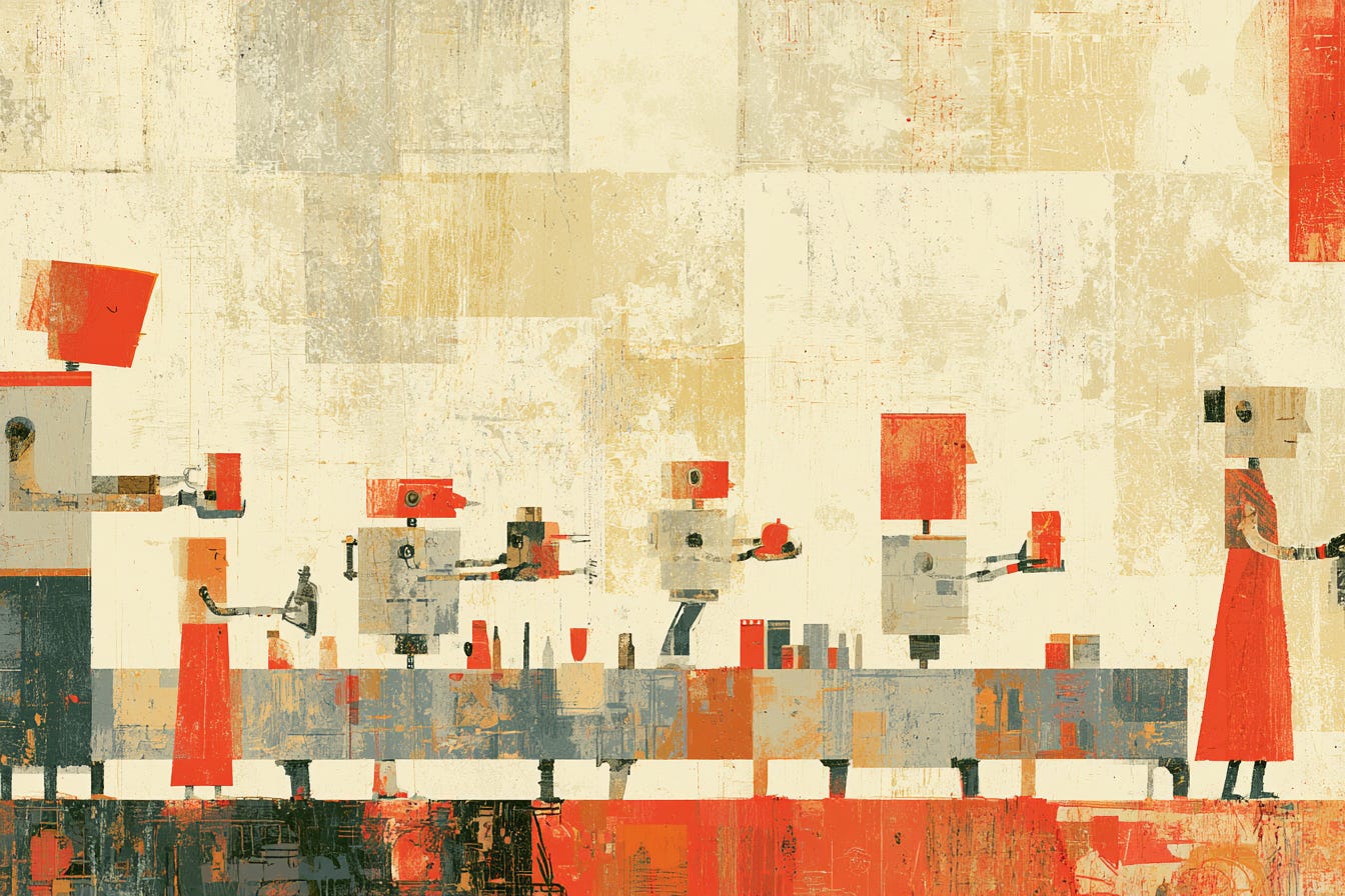 An assembly line of robots handing objects to one another 