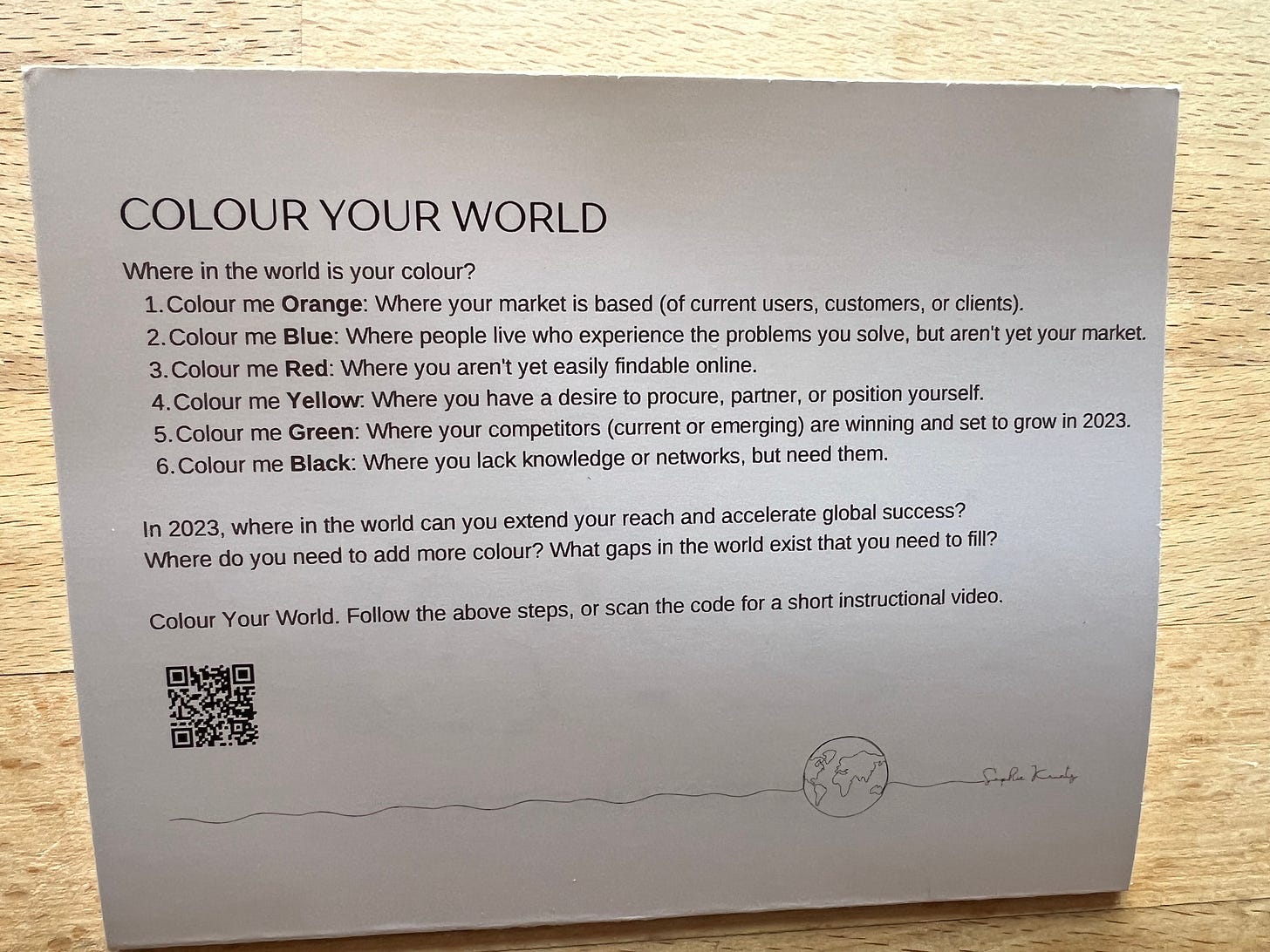 A close-up of the back of Sophie Krantz’s “Colour Your World” card, listing the six colour categories (Orange, Blue, Red, Yellow, Green, Black) that prompt reflection on markets, opportunities, visibility, partnerships, competitors, and knowledge gaps. A small QR code and Sophie’s signature are at the bottom of the card.